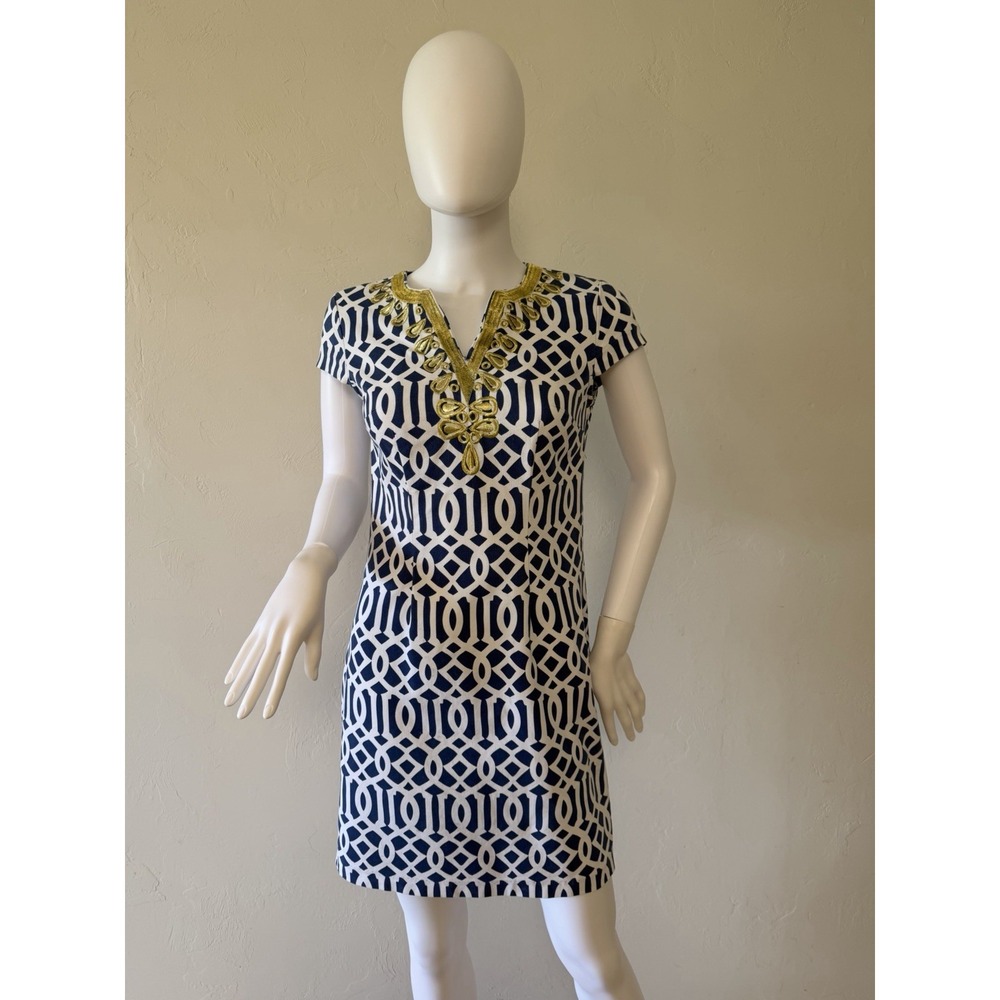 Mud Pie Shift‎ Dress Cap Sleeve Blue White Gold Geometric Embroidered Size XS